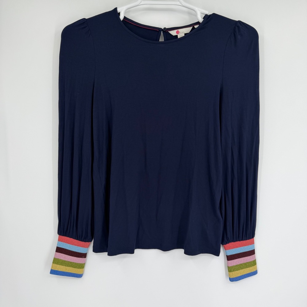 Boden Navy Blue Rainbow Metallic Cuff Long Sleeve Blouse Top J0777 US 2